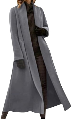 OMZIN Mujer Long Wool Blend Pea Coats Shawl Collar Open Front Loose Trench Coat With Pockets Gris Oscuro M