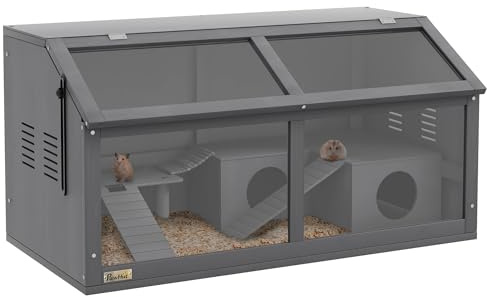 PawHut Hamsterkäfig aus Holz 85 x 45 x 44 cm Nagerkäfig Kleintierkäfig mit oberer Tür, Hängebrücke, Leitern, Hütte, Fütterungsstation Mäusekäfig für Zwerghamster Dunkelgrau