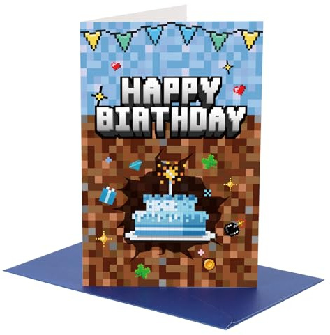 SAVITA Carte d'Anniversaire Style Bloc, Carte Postale d'Anniversaire avec Enveloppe Jeu de Construction de Cartes Décoration Cadeau pour Garçons Filles Enfants Gamers Adolescents