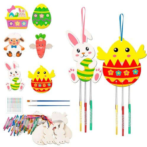 Bastelset Ostern Holz Windspiel - 6 Stück Osterdeko zum Bemalen für Jungen & Mädchen - DIY Ostern Basteln Set, oster basteln - Kreative Ostergeschenke zum Aufhängen