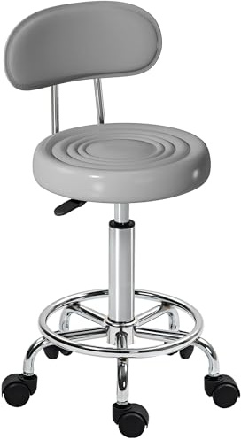 HOMCOM Rollhocker Höhenverstellbar mit Lehne 32 x 40 x 70-86 cm Grau | Drehhocker, Salon Hocker, Rädern, Arbeitshocker mit Fußstütze für Büro, Kunstleder