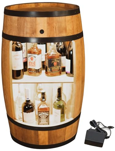CREATIVE COOPER Holzfass Hausbar mit LED-Leuchten - Weinschrank im Retro Stil - Weinfass Bar - Weinregal Holzbar 80cm - Fassbar Stehtisch und Flaschenständer (Eiche) 230/12V