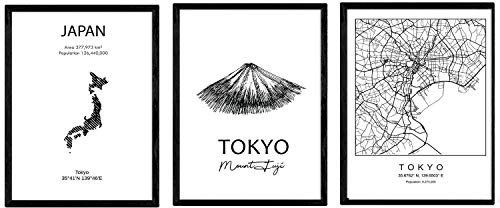 Nacnic set 3 Stampe artistiche cartina geografica della città di Tokyo, isola giapponese. Mappa della città dell'arte, stile nordico in bianco e nero.