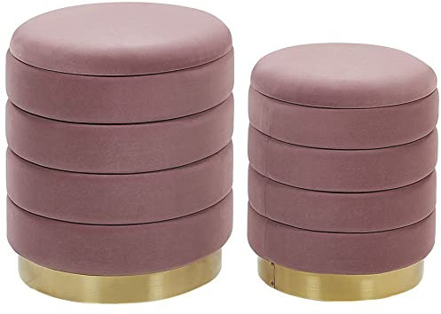 Set di 2 Pouf Contenitore con Rivestimento in Poliestere Rosa Base Dorata