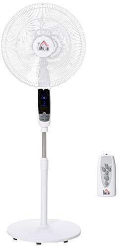 HOMCOM 16'' Pedestal Stand Fan, 3 Speed 3 Mode, 85 Degree Oscillation, LED Panel, 3M Remote Controller, Height Adjustable for Living Room, Bedroom, Garage, Office, Black and White