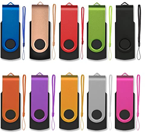 AreTop USB Stick 2GB 10 Stück, 360° drehbar USB 2.0, 10 Farben | USB 2.0 Plug-and-Play, kompatibel mit PC/Laptop/Tablet/Auto/TV/Spielekonsole, inklusive 10 Lanyards