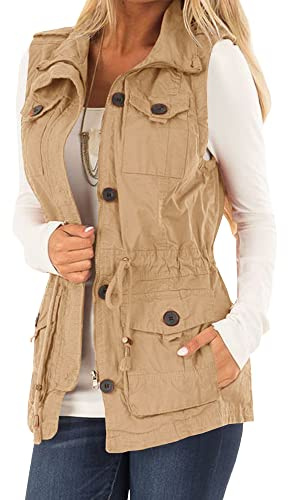 Koodred Women's Casual Military Utility Vest Lightweight Sleeveless Drawstring Jackets with Pockets