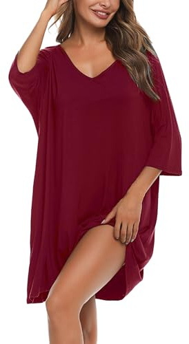Bresdk Camicia da Notte Donna Cotone Modal Morbida Camicie da Notte Manica 3/4 Scollo a V Eleganti Taglie Forti Vestiti Premaman con Tasche Vestaglia Parto Ospedale Premaman, Vino Rosso, L