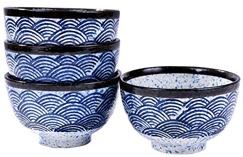 Cerficer Japanische Reisschale – 290 ml Keramik-Sushi-Schüssel mit blauem Wellenmuster, verdickte Schüsselwand, perfekte kleine Schüssel für Reis, Desserts und Saucen, asiatisches Reisschalen-Set