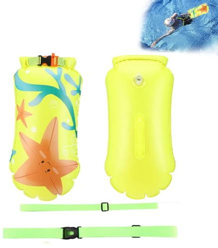Gukasxi Boa da nuoto impermeabile, sacco asciutto, boa per nuoto bambini e adulti, gonfiabile, per triathlon in acque libere e sport acquatici, verde giallo