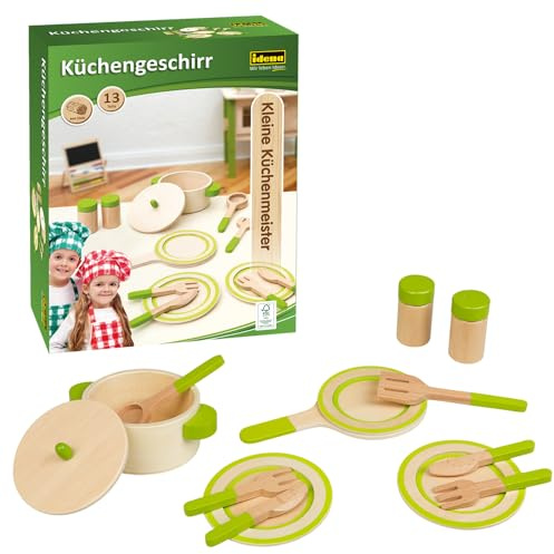 Idena 40238 - Juego de vajilla de Madera Little Chef, 13 Piezas de Utensilios de Cocina para niños, Accesorios para Cocina de Juego y Tienda, para niños a Partir de 2 años