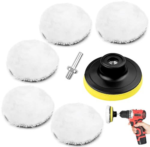 Newpop 7 Piezas Pulir Coche Kit con Disco Autoadhesivo, 80 mm Almohadilla de Pulido de Lana, Pulir Coche Taladro Almohadillas para Limpieza y Pulido de Carrocerías, con Adaptador de Broca M10