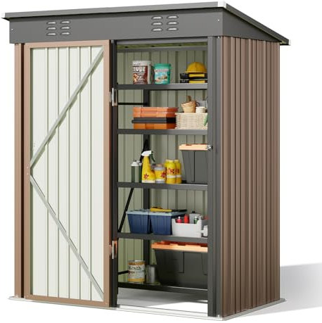 Bealife Metall-Geräteschuppen 180 x 162 x 95 cm, Geräteschuppen aus Verzinktem Stahl, Gartenschuppen, Lagerschuppen im Freien, Gartenhaus für Hinterhof, Terrasse, Rasen (Braun)