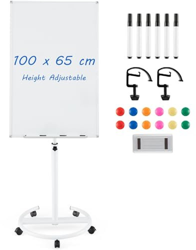 GIANTEX Flipchart Ständer 100 x 65cm, mobiles Whiteboard auf Rollen, Höhenverstellbare Magnettafel mit Stiftablage, Trocken Abwischbar, inkl. Radierer, Markern, Magneten & Clips (Weiß)
