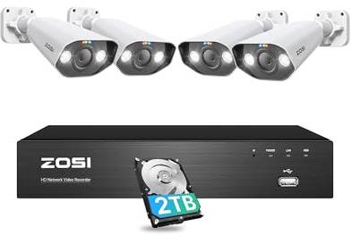 ZOSI 4K Kit Cámara de Vigilancia PoE Exterior 8CH H.265+ Grabador NVR Sistema 2TB HDD con 4X 8MP Cámara Seguridad IP, Visión Nocturna en Color, Detección de Persona, Alarma de Luz y Sirena