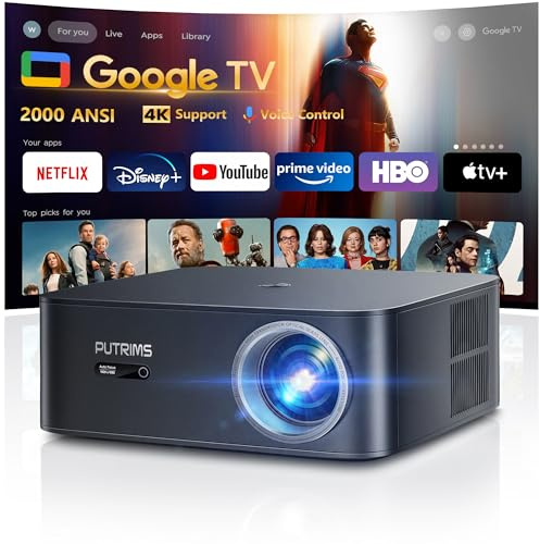 [Ultra Bright/Google TV/4K Support] Smart-Projector with WiFi 6 and Bluetooth, Built-in Apps, Outdoor Movie Proyector, 1080P Home Theater Auto Focus Projector, PUTRIMS K12 (Gray, Standard)