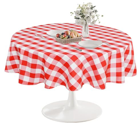 DWCN Karierte Tischdecke Rund 120cm Abwaschbar Outdoor Wetterfest Fleckschutz Wasserdicht Tischdecke für Weihnachten Draußen Picknick Esszimmer Garten Party Hochzeiten Frühling, Rot und Weiß