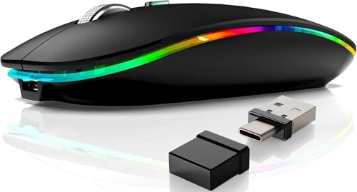 Nrvcrn Ratón inalámbrico, mouse para MacBook Air, Mac Pro, iPad, portátil, PC, mouse recargable silencioso con interruptor de modo dual, Bluetooth 5.2/3.0 y receptor USB tipo C de 2.4 GHz (negro)
