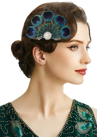 BABEYOND Fermaglio per capelli con piume di pavone con strass ruggenti anni '20 pavone flapper fascinator 1920 verde