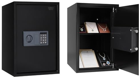 WestWood Caja de seguridad pequeña de acero con cerradura de llave y código, con estante, impermeable, ignífuga, caja fuerte para documentos de dinero en casa, oficina, hotel, almacenamiento de 42.7 L