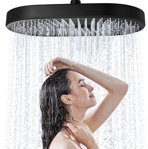 JINYOMFLY Grande Pomme de Douche Pluie, 35cm Tete de Douche avec Buses en Silicone Liquide, Grand Pommeau de Douche Exterieur, Noir