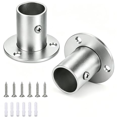 GUGUGO 2 PCS Silver 32mm Wardrobe Rail Bracket, Stainless Steel Deep Socket Flange, Heavy Duty Rod Holder, Wardrobe Rails and Fittings for Wardrobe, Cloakroom, Closet & Curtain Rod Accessories