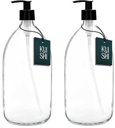 Kuishi 1000ml Glass Soap Dispenser with Black Plastic Pump - Pack of 2 Refillable BPA-Free Hand Soap Dispenser for Kitchen & Bathroom, Clear