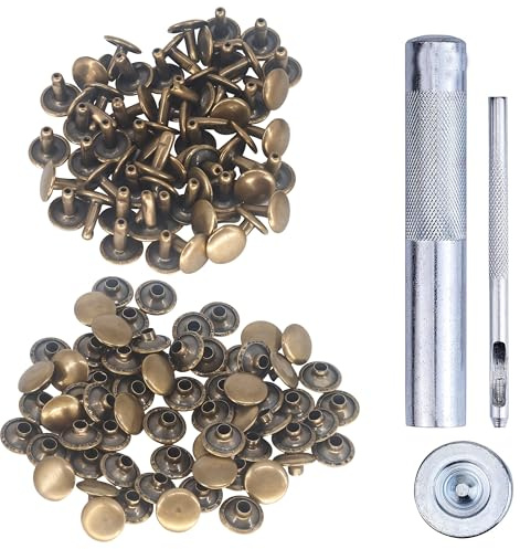 Trimming Shop 100 Set 9mm Double Cap Rivets with Fixing Tool Kit, Bronze | Tubular Metal Studs with 3 Piece Hand Tool Set for Leathercraft, Handbag, Clothing Repair and DIY Projects