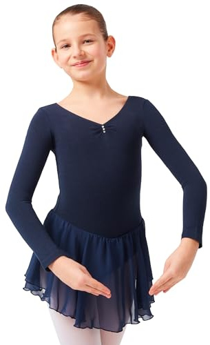 tanzmuster ® Ballettkleid Mädchen Langarm - Anna - (92-170) aus weichem Baumwollstoff mit Glitzersteinen und Chiffon Röckchen fürs Kinder Ballett Ballettbody