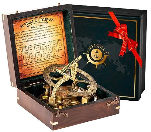 Antiqula Steampunk-Sonnenuhr-Kompass mit Holzbox und Diagramm, Antik-Look, 12,7 cm