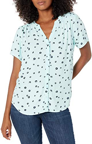 Amazon Essentials Women's Short-Sleeve Woven Blouse, Aqua Blue Poppy, Medium