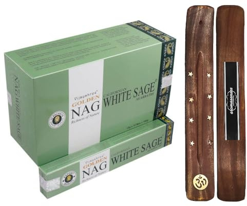 Aromasenses. - Golden Nag White Sage Vijayshree Rökelse - 12 förpackningar med 15 gram vardera + 1 Aromasenses tablett