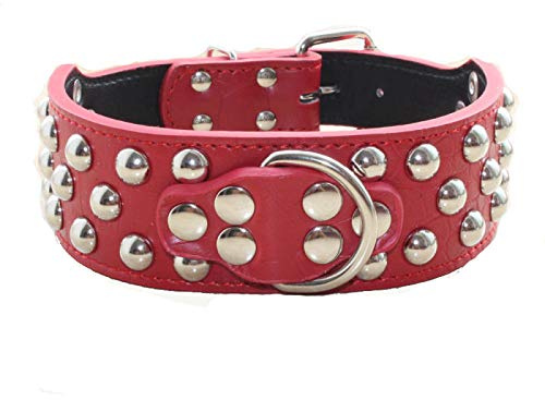 haoyueer Leder-Hundehalsband, 5,1 cm breit, 3-reihig, mit Nieten, für mittelgroße und große Hunde, Pitbull, Mastiff, Boxer Bully ... (S, Rot)