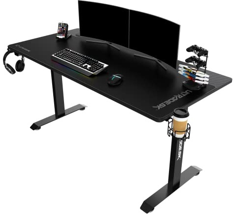 ULTRADESK Momentum | Computertisch Gaming Tisch mit riesiger Arbeitsfläche, XXL-Pad, Handy-Ständer, Becherhalter | Stahlkonstruktion mit Verstärkungen, belastbar bis 130 kg | Schwarz, 152,5x70 cm