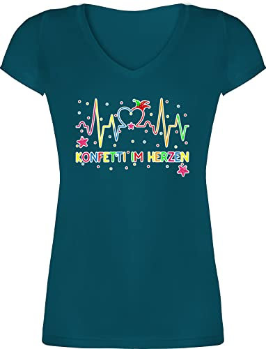 T-Shirt Damen V Ausschnitt - & Fasching - Konfetti im Herzen Herzschlag I Köln Karneval - XXL - Türkis - Shirt faschingsshirt Faschings Regenbogenfarben Shirts Tshirt karnevalsshirts Karnevals