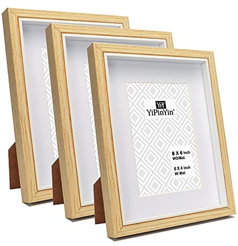 6 X 8‘’/A5 wood and white two-tone frames set of 3 with 4 x 6‘’ mounts, stylish A5 picture frame with white inlay, 4 x 6‘’ photo frame for wall mounting and table tops