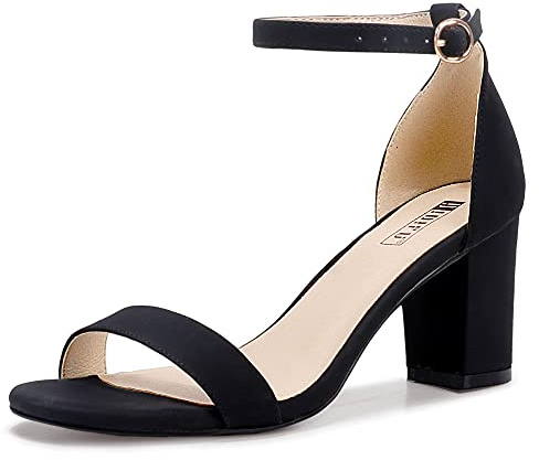 IDIFU Black Heels for Women Cookie-MI Block Heels 3 Inch Sandals Chunky Open Toe Heel Wedding Homecoming Dress Shoes for Women Brides Ladies(Black Nubuck, 8 B(M) US)