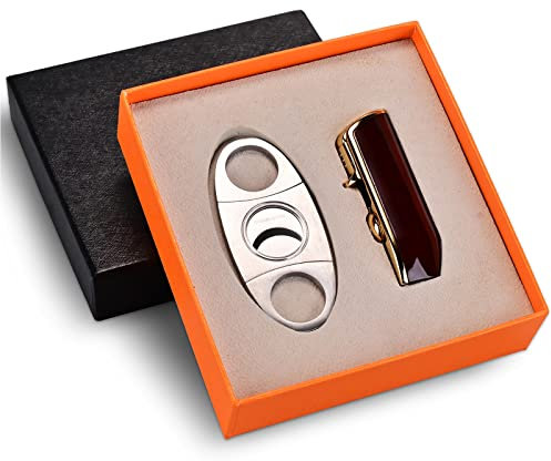 CIGARLOONG Cigar Cutter and Lighter Set Double Blade Simple Cigar Guillotine and 3 Jet Torch Blue Flames Refillable Lighter(Color:Cherry)
