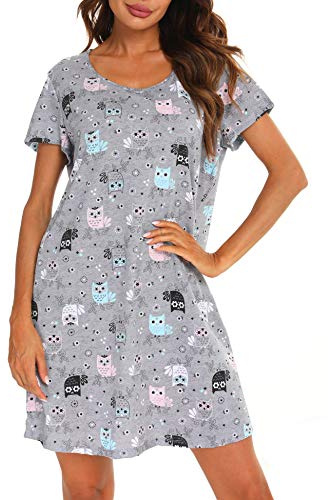 ENJOYNIGHT Chemise de Nuit Femme Manches Courtes Vêtements de Nuit Coton Imprimé Robe de Nuit (Medium,Hibou Gris)