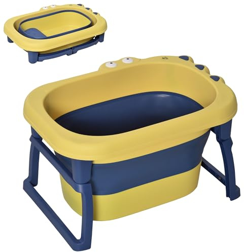 HOMCOM Vaschetta Bagnetto Neonato Pieghevole con Supporto Antiscivolo, Vaschetta da Bagno Portatile per Neonati e Bambini di 0-6 Anni con Foro di Scarico, 75.3x55.4x43cm, Blu e Giallo