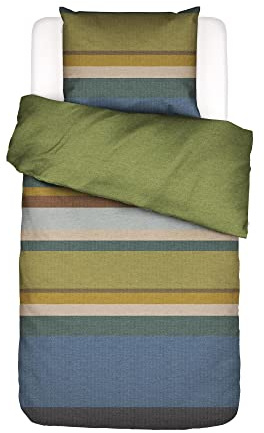 ESSENZA Bettwäsche Kim Grün Brushed Renforcé Wendeoptik Streifen Gestreift Unifarben Flanell Blau Gelb, Größe:135 cm x 200 cm