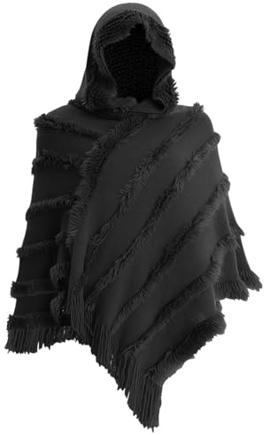 Stickad Poncho Med Fransar För Kvinnor - Huva Halsduk Cape Med Virkning Plysch Randig Och Flanell Mode - Svart, One Size