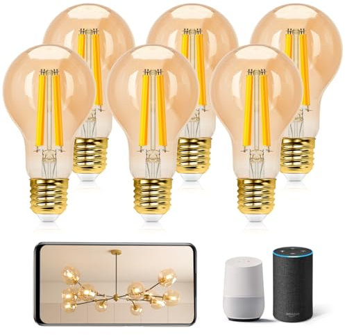 Aigostar Lampadine WiFi Alexa E27 Smart Lampadina Edison LED A60 6W 806lm Lampadine Smart Retrò Dimmerabile 2700K-6500K bianco freddo caldo, Compatibile Con Alexa, Google Home, ambra 6 pezzi