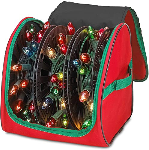 HOLDN’ STORAGE Premium Christmas Light Storage Bag – Heavy Duty Tear Proof 600D/Inside PVC Material with Reinforced Handles - 3 Reels Stores up to 375 Ft of Mini Tree Lights & Extension Cords Red