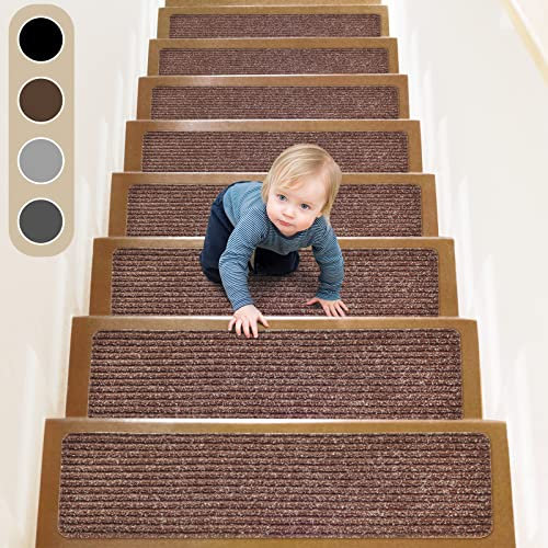 ToStair Pisadas Antideslizantes para escalones de Madera,76x20cm (Paquete de 15), Adhesivo preaplicado, alfombras Antideslizantes para escaleras Interiores, Marrón