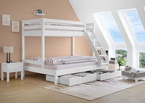 Erst-Holz®Doppel-Etagenbett 90 x 200 cm und 140 x 200 cm Erwachsene WeißRollrost und Doppelbettkasten inkl.