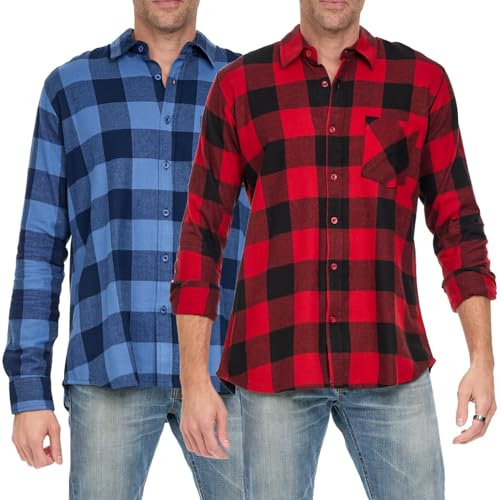 Andrew Scott Chemise décontractée boutonnée à Manches Longues en Flanelle à Carreaux pour Homme – Plusieurs Lots, Lot de 2 - Buffalo Plaid Rouge/Bleu Buffalo, Taille M