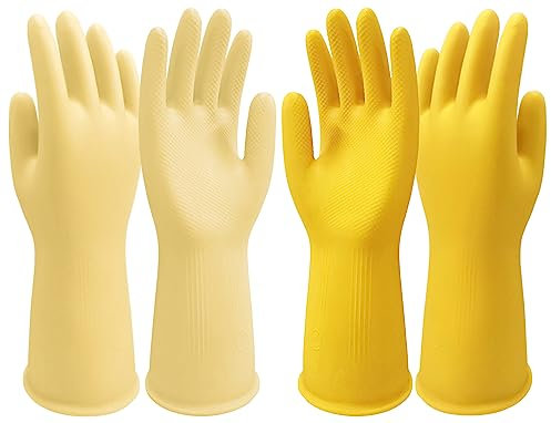 Disfore Lot de 2 paires de gants de nettoyage en caoutchouc épais pour la vaisselle, gants en caoutchouc réutilisables pour la vaisselle, jaune beige, taille M