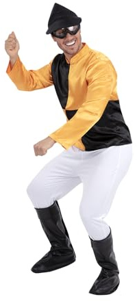 Smiffys Jockey Kostüm Herren - Orange & Schwarz Pferderennen Outfit - Erwachsene Reiter Seide mit Hut, Brille, Stiefelüberzieher & Hose - Herren Faschingskostüm