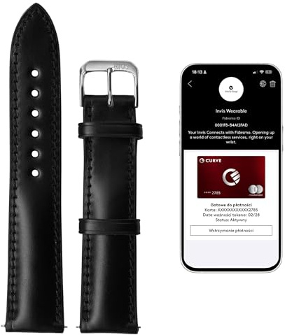 INVIS Smartstrap CHICAGO Schwarz 20 mm – Uhrenarmband mit NFC-Kontaktloszahlung | Cordovan-Pferdeleder | Zertifiziert von Mastercard & Visa | Länge: 114/82 mm